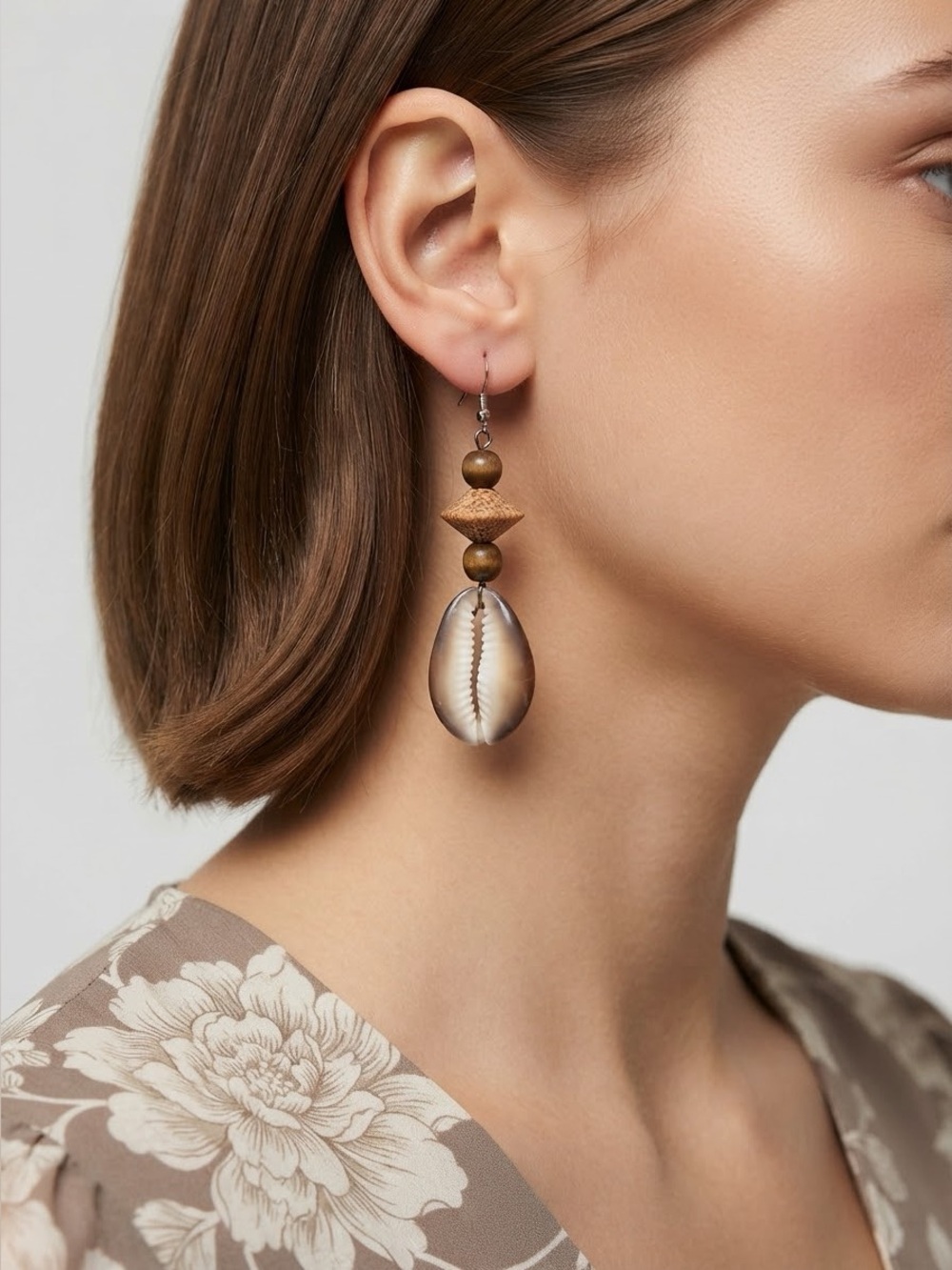 Handmade Cowrie Shell Dangle Earrings | Boho Wooden Bead Fishhook Earrings